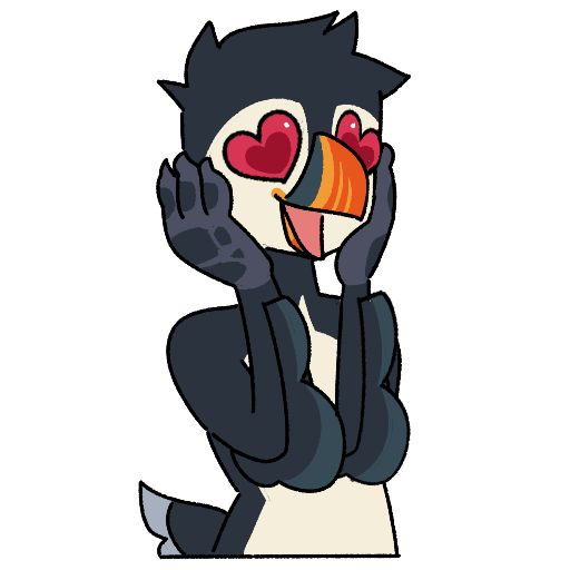 Puffin with heart shaped eyes. art by https://ko-fi.com/kofeeo