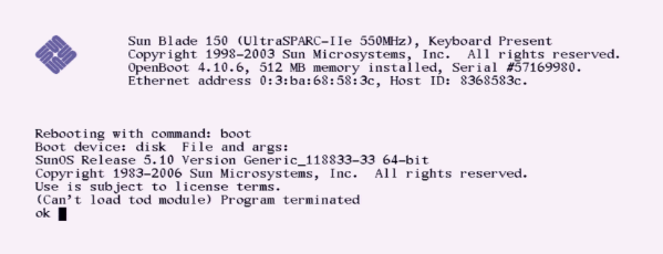 The Sun Blade 150 firmware telling you it can't load something, but since it's a forth system, it ends with ok, as in "It's broken, ok."