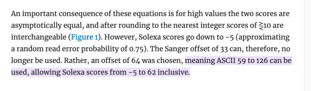 An important consequence of these equations is for high values the two scores are asymptotically equal, and after rounding to the nearest integer scores of ⋛10 are interchangeable (Figure 1). However, Solexa scores go down to −5 (approximating a random read error probability of 0.75). The Sanger offset of 33 can, therefore, no longer be used. Rather, an offset of 64 was chosen, meaning ASCII 59 to 126 can be used, allowing Solexa scores from −5 to 62 inclusive.