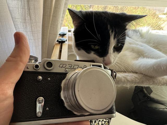 A silver Fed-2 rangefinder held up next to a black and white cat. 