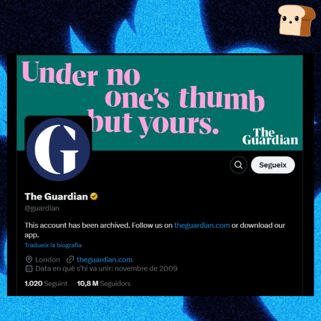 El perfil de Twitter de the guardian en el que dicen que la cuenta ha sido archivada y que les sigan en theguardian.com (en bluesky) o se descarguen su aplicación 