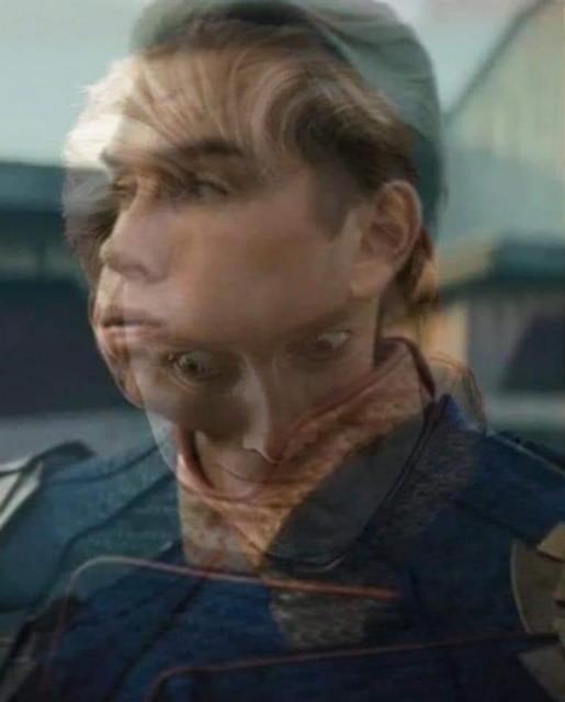 Homelander from The Boys sighing, with him looking insane layered over the top but faded meme