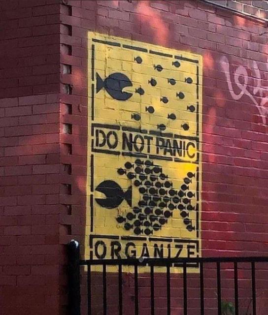 Street art on a red brick wall depicting a group of small fish uniting to form the shape of a larger fish, facing a single larger fish. The artwork, done in black on a yellow background, is split into two parts. The top shows the small fish scattered with the words 'DO NOT PANIC,' and the bottom shows them organized into the larger fish shape with the word 'ORGANIZE.' The piece conveys a message of strength in unity and collective action.