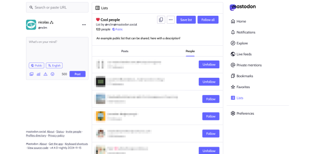 Fake screenshot of an imagined slightly revamped list feature on Mastodon. 

A list which is now public has a header with a description and an emoji, as well as buttons to follow everyone in the list or to save someone else’s list along with your own lists.

Below, the listing of people in the list is now a proper people listing, with clickable profiles and follow buttons, unlike the current list feature.