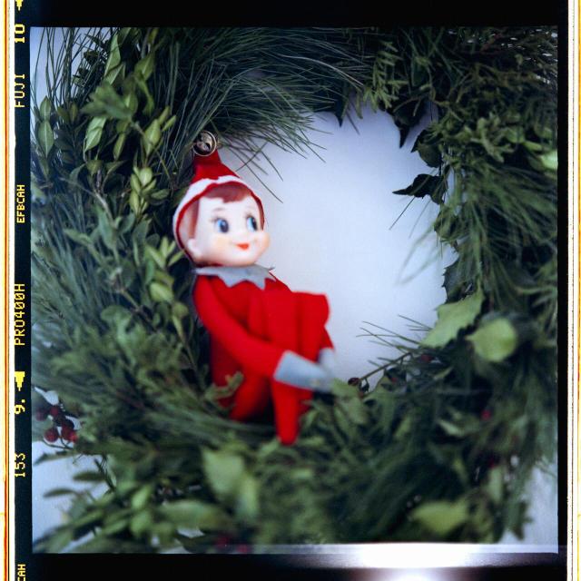 A film scan of a color photo. An elf on the shelf is sitting inside a wreath. The elf is out of focus, but the wreath, slightly behind it, is sharp.