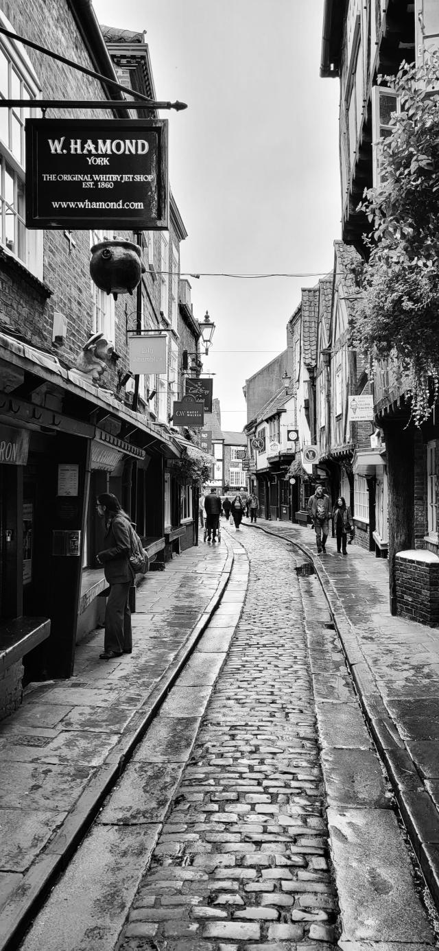 Black and white photo of Shambles in York, England showing a man window shopping on a narrow cobbled stone street / walkway. Other shoppers and tourists are on their daily business. It's just been raining. 