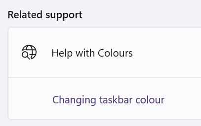 windows settings screenshot with a hyperlinnk labelled "changing taskbar colour"