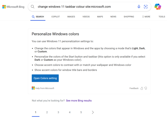 bing search for "change windows 11 taskbar colour site:microsoft.com" (UK spelling). there are no search results, but there's a suggestion box thing with some text about what the windows 11 personalisation settings are capable of, and a button labelled "open colors setting" (US spelling)