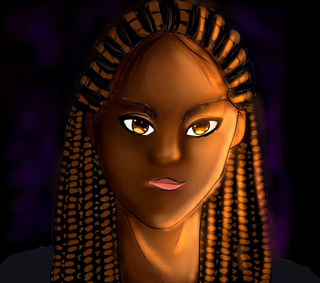Black woman with long twists and glowing amber eyes. Violet and indigo clouded background.
