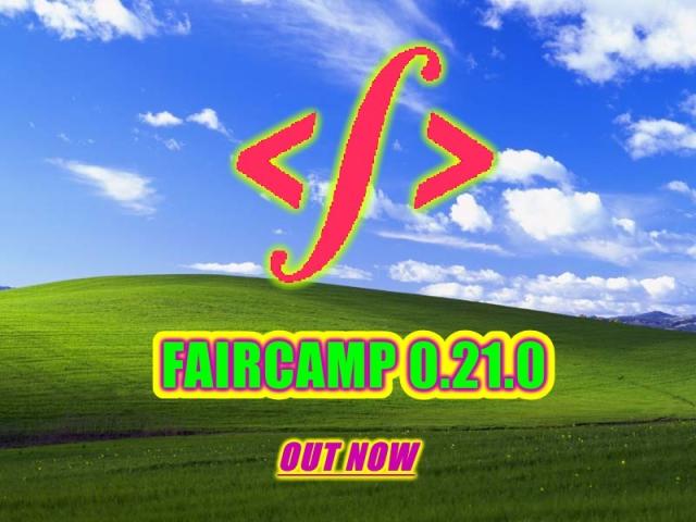 The words "FAIRCAMP 0.21.0 OUT NOW" and the faircamp logo printed using a questionable color palette, glow effects and bold outlines, using "Impact" as font,  against the iconic green meadow/blue sky Windows XP desktop background