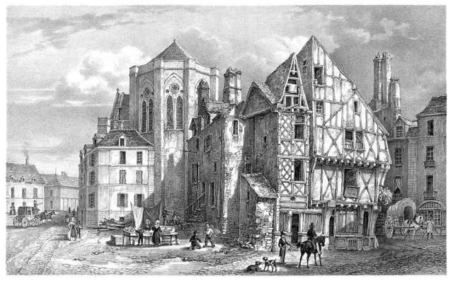 View of a square featuring a run-down timber-framed house, a church chevet, and a stall with a woman selling goods.