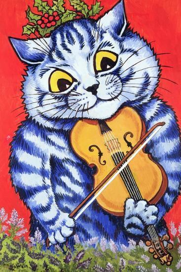 Whimsical Louis Wain cartoon of a cat playing the violin