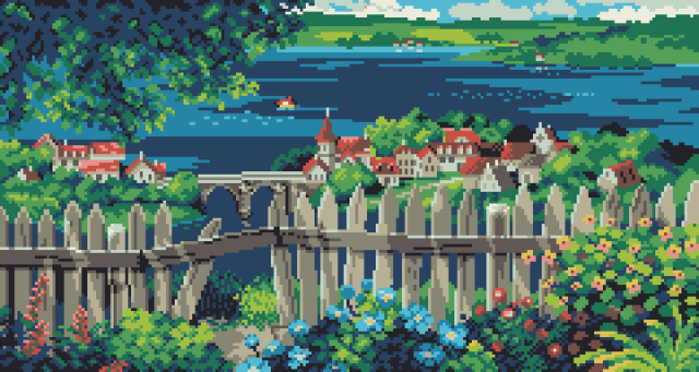 A pixel art landscape piece depicting a scene full of flowers and bushes with a fence boxing the viewer in. on the horizon one can see islands surrounded by a sea, and in the middle ground is a village spread across two islands, with a bridge connecting them. The warm colors evoke a nostalgic feeling.