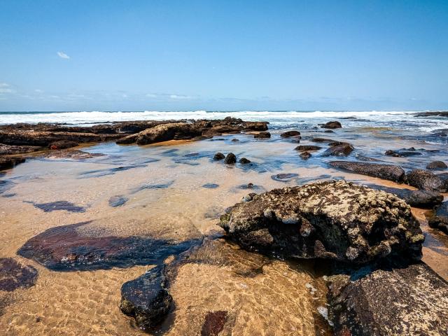 A pale blue sky forms the backdrop to a rocky shore of Pennington Beach in KwaZulu-Natal, South Africa, at low tide.