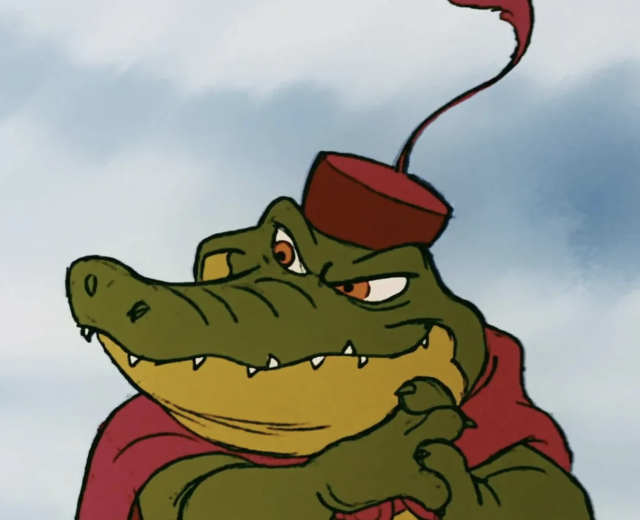 The alligator from Disney's animated Robin Hood, clasping his hands and looking to the side.