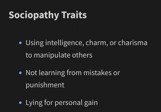 A list of sociopathy traits, all not good