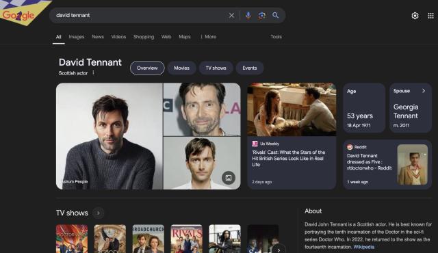 A screenshot of Google search results for “David Tennant.” The first image displayed is an AI-generated portrait of someone who resembles David Tennant but is not him. The other two images are authentic pictures of David Tennant. 