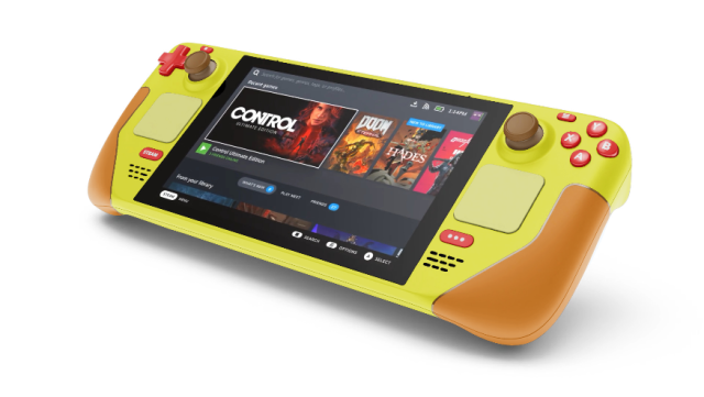 A Steam Deck with custom colors based on Pikachu from Pokemon. The main body is yellow with orange grips, brown joysticks, and red buttons.