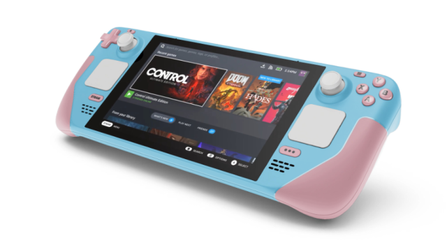 A SteamDeck in the colors of the Transgender Pride Flag