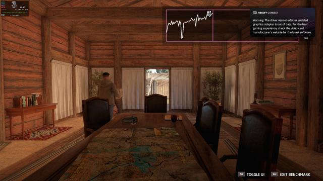 A meeting room with a large table and map, wooden walls, and a person exiting through a door. There's an inset graph and text overlay related to graphics performance in the upper corner.