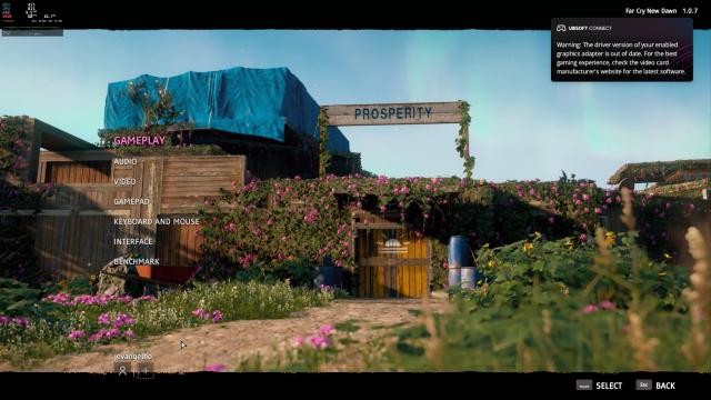 A screenshot of a video game menu set in a vibrant landscape with flowers and a structure labeled "Prosperity." Game settings options like "Gameplay," "Audio," and "Video" are listed on the left. There’s a warning note in the top right corner.