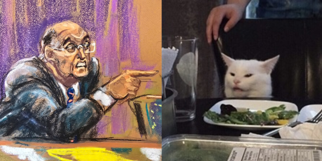 Woman pointing at cat meme, except the woman is replaced by Rudy Giuliani