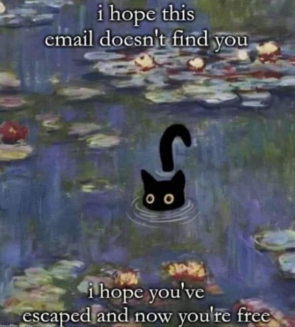meme format of a painting with top and bottom text in serif font. the painting is of a black cat in a body of water (seemingly a lake) with only its eyes and tail visible. the text reads, "i hope this email doesn't find you" atop, and "i hope you've escaped and now you're free" below