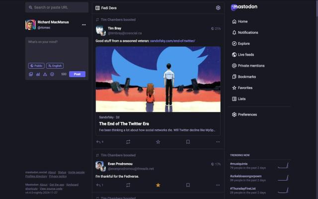 Mastodon screenshot showing a post labelled "the end of the Twitter era" and a nice fediverse toot by Evan Prodromou.