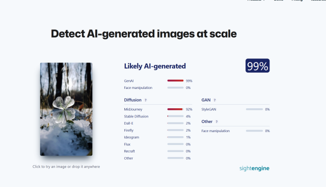 Sightengine giving the image a 99% possibility of being AI, probably created with Midjourney. 