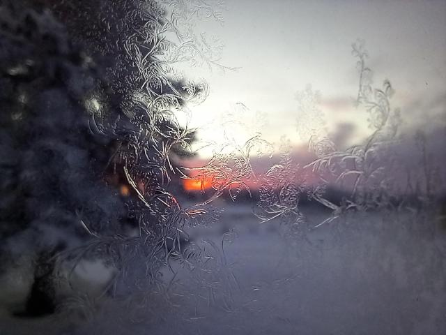 A view through a window with fractal-pattern ice crystals on the window.  In the background, out of focus, is an orange sunrise and a blue sky.