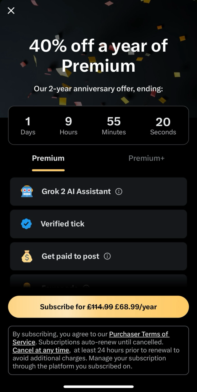 Full app advert for twitter premium