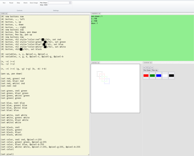 screenshot of the Vera web playground. The UI has a set of button that handle drawing pixels and moving the cursor around.