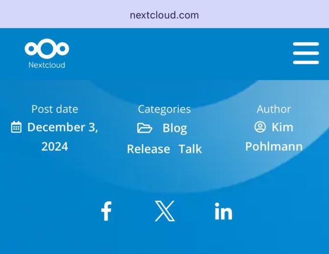 A screenshot of Nextcloud blog entry showing only Facebook, Twitter and LinkedIn social media links. 