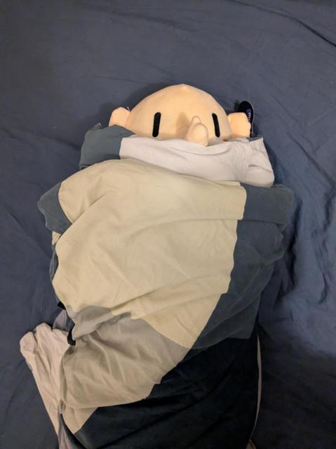 The Mastodon plushy wrapped in two blankets.
The blanked reaches up to the trunk so that only the ears, eyes and the tip of the trunk is visible.