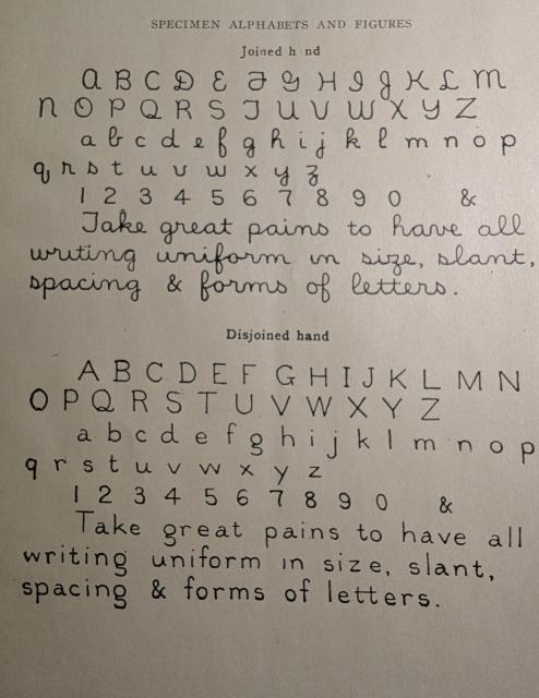 Alphabets and numbers in extremely precise handwriting in two styles, joined or cursive, and disjoined. Also includes the example sentence "Take great pains to have all writing uniform in size, slant, spacing & forms of letters."