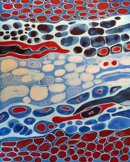 blue and red abstract watercolor painting with blobby shapes 