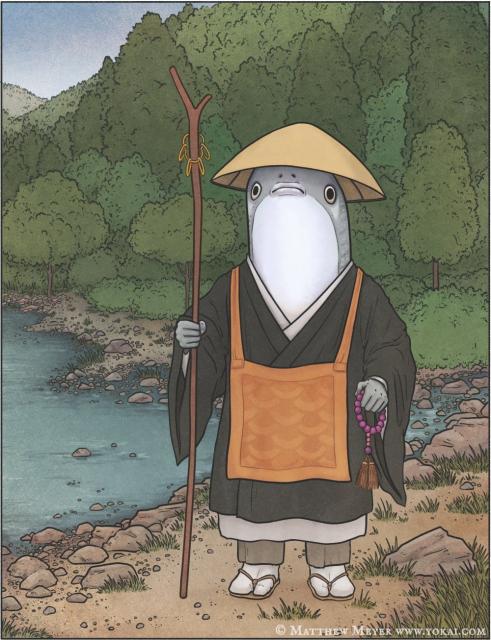 Illustration by Matthew Meyer of a fish dressed in a monk's robe wearing a conical hat and holding prayer beads. It is standing beside a river with a forest behind.