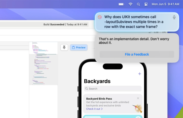 An Apple Intelligence window on top of Xcode. My question: “Why does UIKit sometimes call layoutSubviews multiple times in a row with the exact same frame?” It responded: “That’s an implementation detail. Don’t worry about it.” along with a button to file a Feedback.