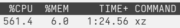 Screenshot of a "top" command output with xz funning 561.4% of CPU
