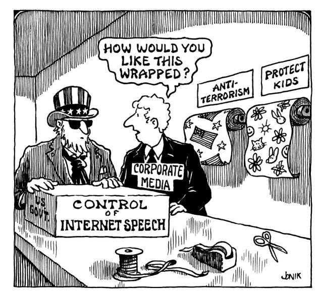Satire image where a package named "Control of internet speech" is offered to be wrapped with a layer of either anti-terrorism or child safety.