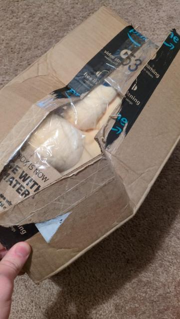 A poor Mastodon plushie stuffed inside of an Amazon box that is definitely too small to hold it. It's bursting at the seams.