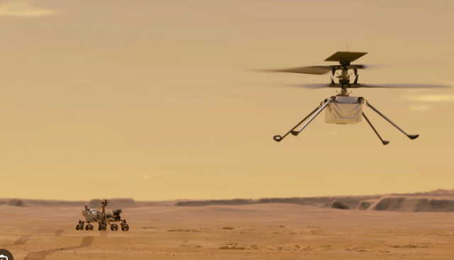 picture of Perserverance rover and Ingenuity helicopter drone flying on Mars. 