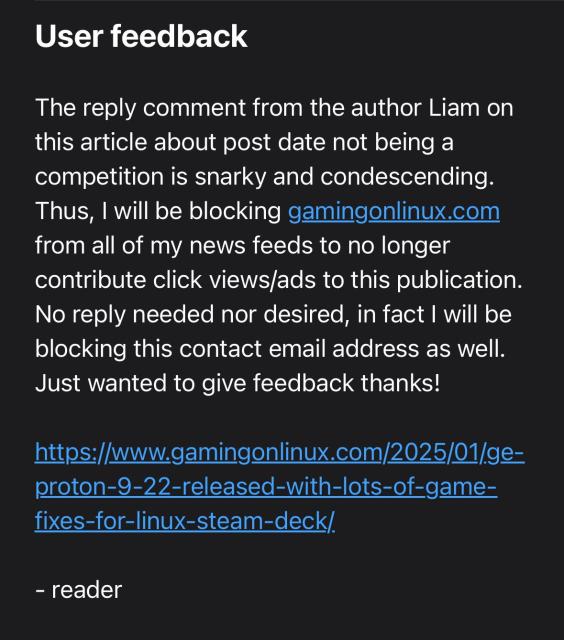 Random person emails to tell me my reply was snarky and condescending and they won’t read GamingOnLinux anymore