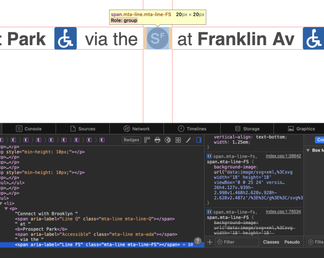 the MTA site with dev tools open. the inline subway line badge is an inline-block span with a URL-encoded SVG as the background image. For Every. Single. Badge.
