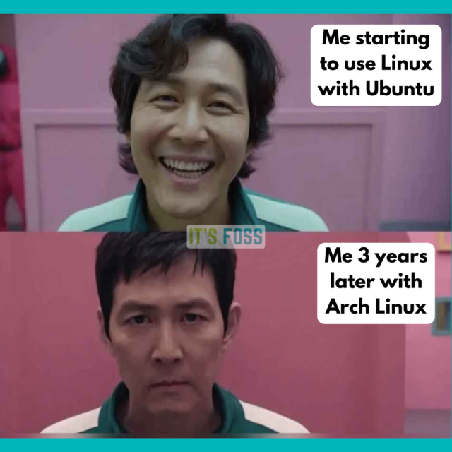 In the photo for “Me starting to use Linux with Ubuntu”, the person in seen happy.

In the photo for “Me 3 years later with Arch Linux”, the person looks dead inside.