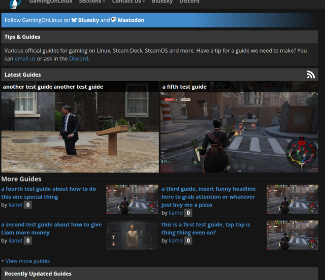 pictures shows the new gamingonlinux guides section, with some demo article titles and thumbnails including a picture of former UK PM Rishi Sunak walking in shit-water as a joke