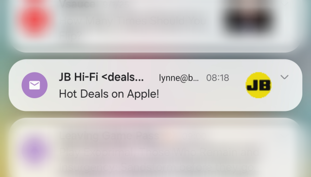 email from JB hi-fi saying "hot deals on apple!"