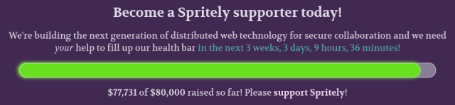 Partial screenshot of Spritely Institute website showing that we've raised $77,731 out of our $80,000 goal.