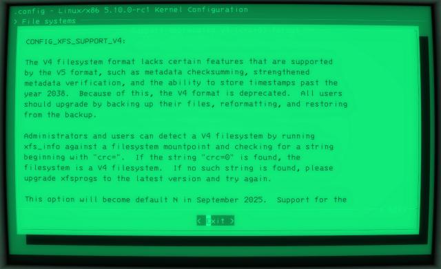 kernel config menu screenshot regarding XFS v4 support. it's taken from a monochromatic green CRT shaded terminal, with the bulge distortion effect and everything.