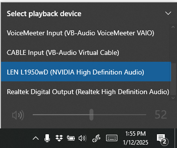 "Select playback device" menu with different items